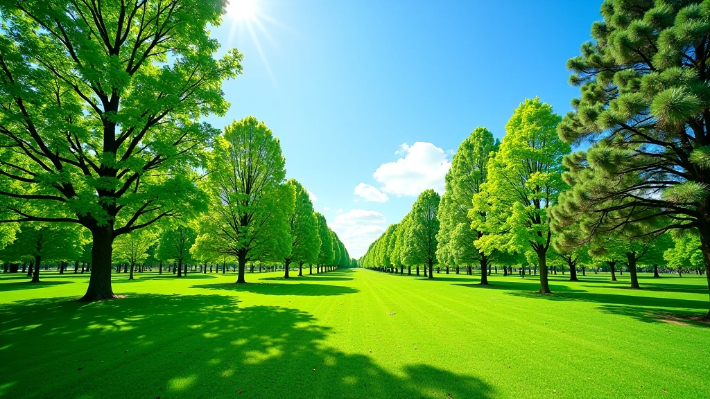 Krásný výhled na Průhonický park s velkými stromy a zeleným trávníkem v pozadí
